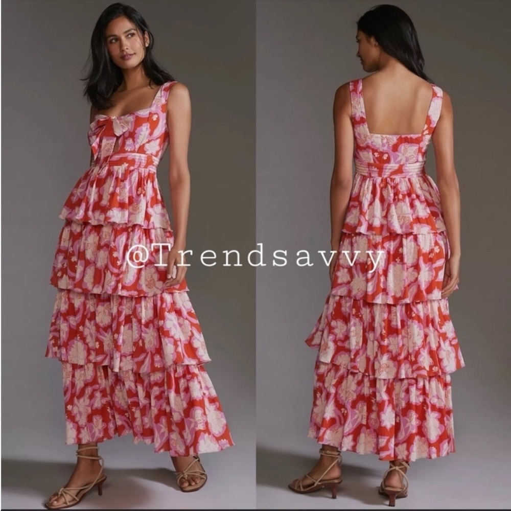 Anthropologie Vineet Bahl Pink Floral Tiered Ruffle Maxi Dress 14 Wedding Guest